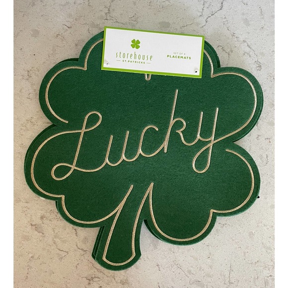 STOREHOUSE Dining New St Patricks Day Lucky 4 Placemats Shamrock Green W Gold Embroidery